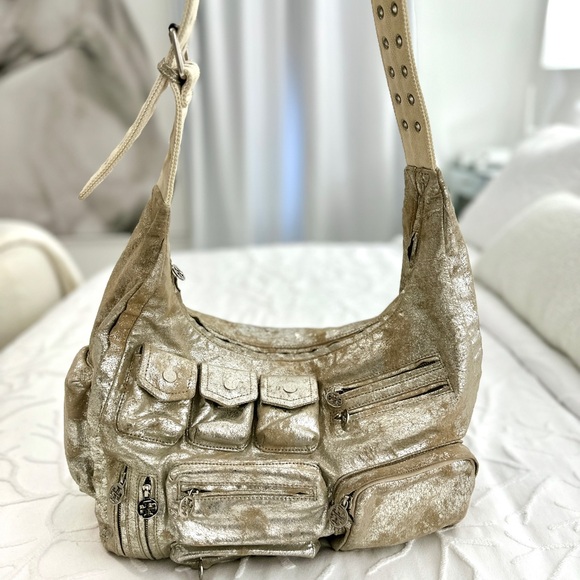 Tory Burch Vintage Y2K Metallic Suede Shoulder Messenger Bag Adjustable Strap - Picture 2 of 10